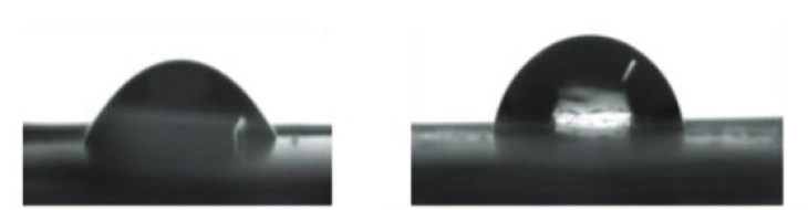 Water contact angle before (left) and after (right) the modification of a membrane surface. (Image from: https://doi.org/10.1002/admi.202000443) Kontaktwinkel vor u. nach Modif. Membranoberfl.jpg