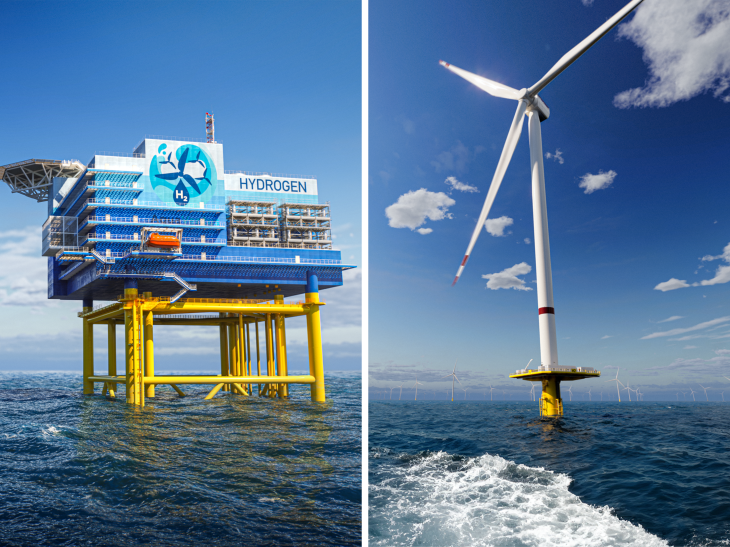 The picture shows models of possible production platforms for offshore hydrogen: On the left is centralized production on a single platform. On the right is decentralized production on individual wind turbines. Source: Aquaventus Förderverein e.V.