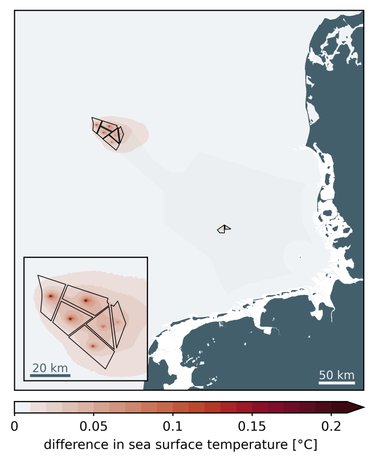Simulation of average annual surface temperatures for 10 gigawatts of offshore hydrogen production in the German Bight (future scenario). The black polygons show the wind farms where hydrogen production takes place. The dark gray area represents the German Exclusive Economic Zone. The color scale describes the temperature. Source: Hereon/Nils Christiansen